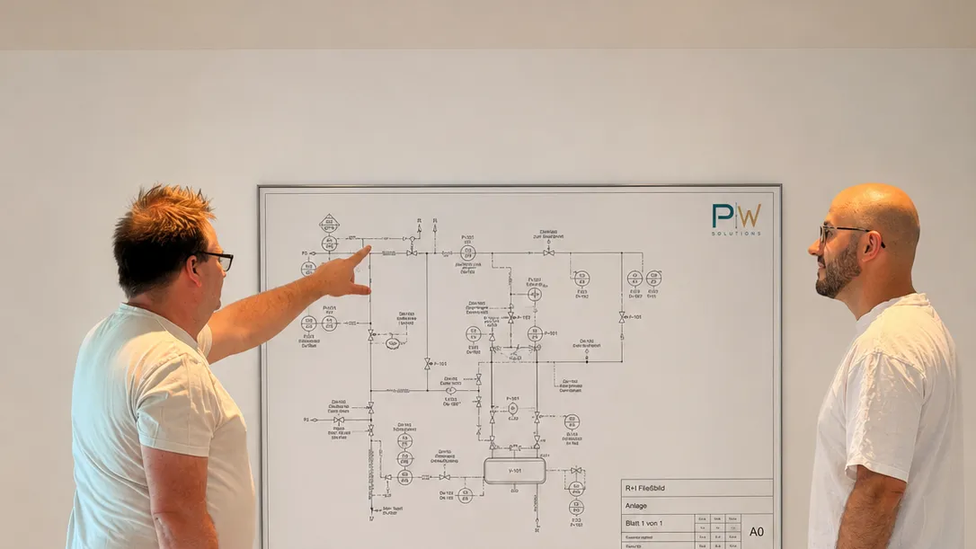 Zwei PW-Solutions-Ingenieure besprechen ein R+I-Fließbild an der Wand
