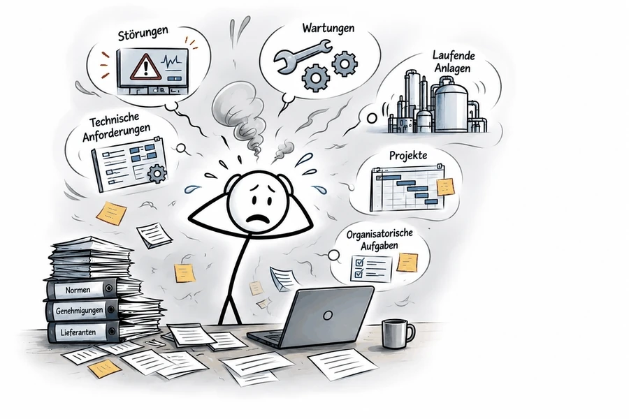 Animierte Illustration: Vom überfordernden Betriebsalltag mit Störungen, Wartungen und Projekten hin zu sicherem, reibungslosem und zuverlässigem Anlagenbetrieb – mit Unterstützung von PW Solutions.